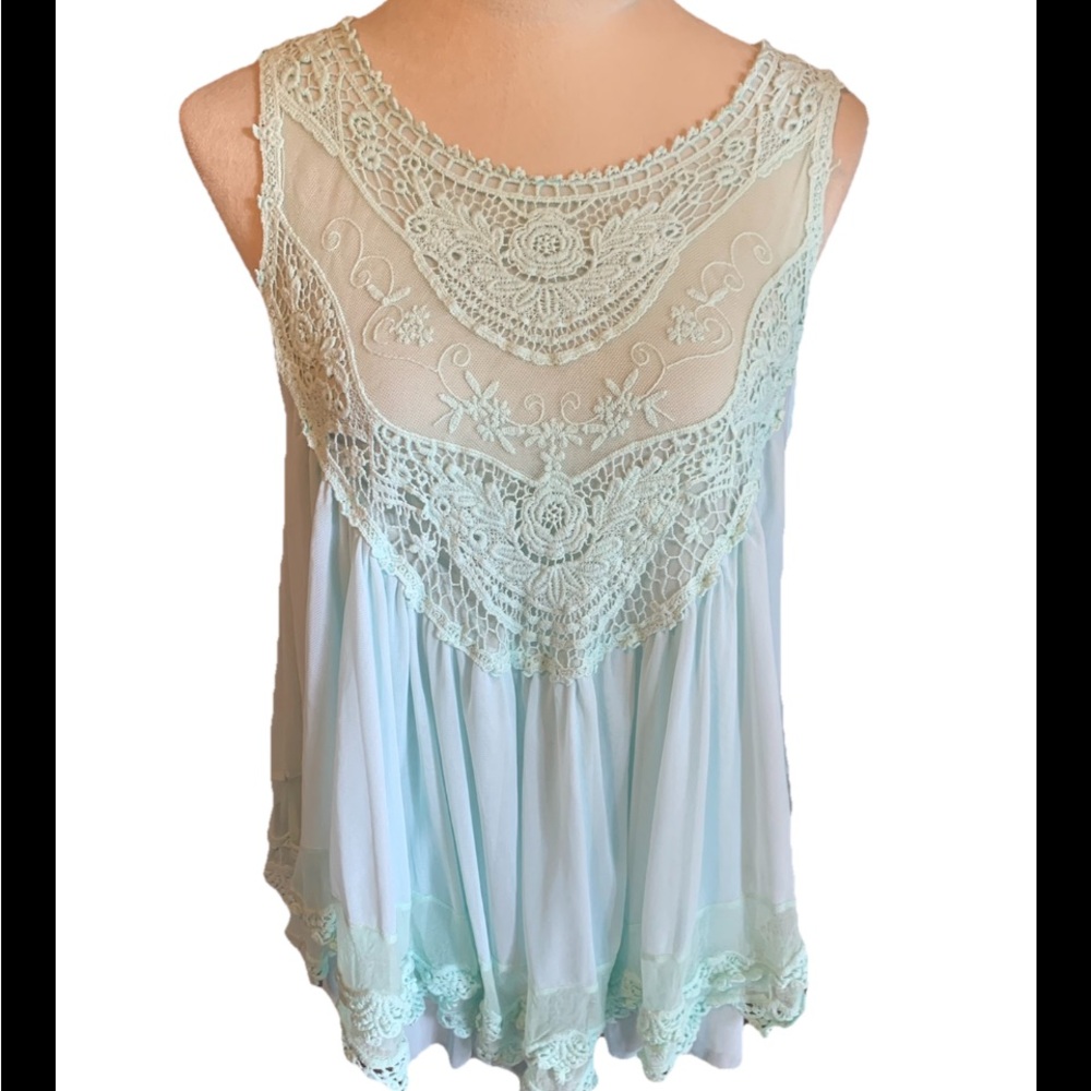 Forever 21 Mint Green Lace Babydoll Top Mesh Crochet Trim Romantic Boho M